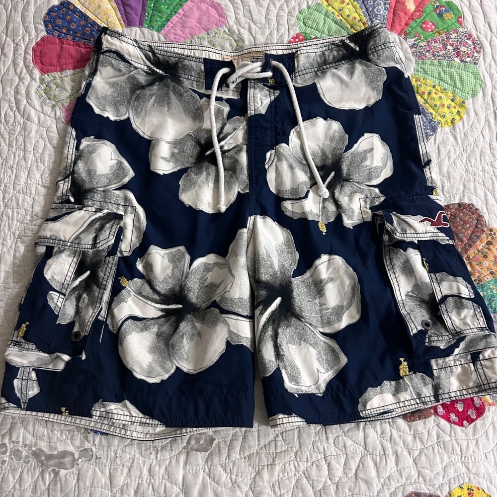 Hollister Swim Trunks Men Sz L Cargo Short Blue Floral 90s Y2K Preppy